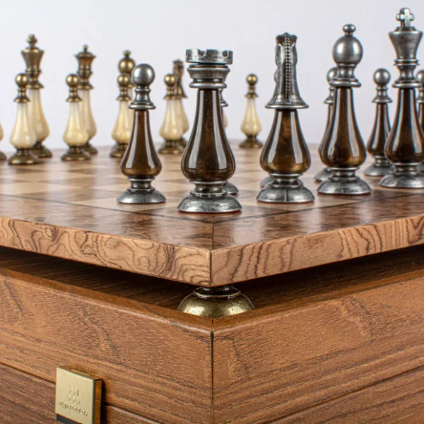 Walnut Burl Chess Set - 50x50cm with Brass and Pewter Finish Chessmen & Pearl Elements SW60A50J - Image 9