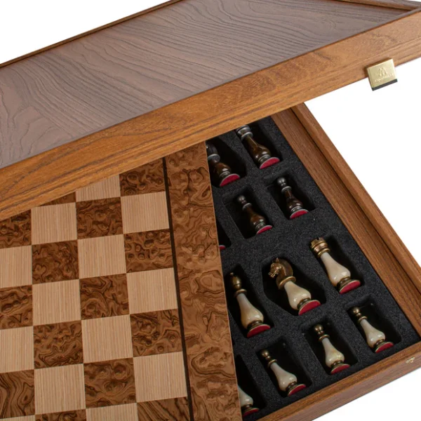 Walnut Burl Chess Set - 50x50cm with Brass and Pewter Finish Chessmen & Pearl Elements SW60A50J - Image 11