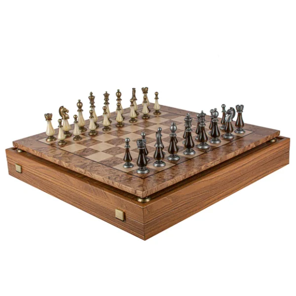 Walnut Burl Chess Set - 50x50cm with Brass and Pewter Finish Chessmen & Pearl Elements SW60A50J - Image 2