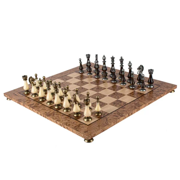 Walnut Burl Chess Set - 50x50cm with Brass and Pewter Finish Chessmen & Pearl Elements SW60A50J - Image 3