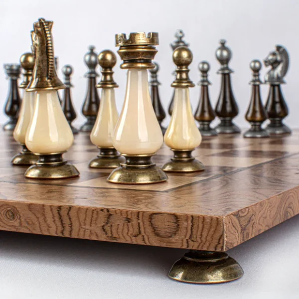 Walnut Burl Chess Set - 50x50cm with Brass and Pewter Finish Chessmen & Pearl Elements SW60A50J - Image 4