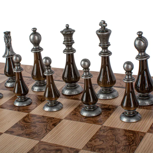 Walnut Burl Chess Set - 50x50cm with Brass and Pewter Finish Chessmen & Pearl Elements SW60A50J - Image 5
