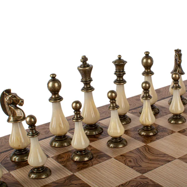 Walnut Burl Chess Set - 50x50cm with Brass and Pewter Finish Chessmen & Pearl Elements SW60A50J - Image 6