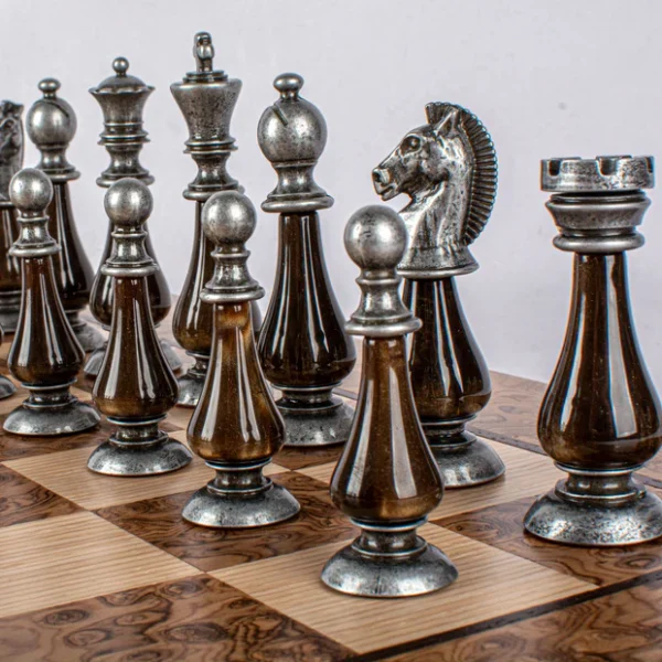 Walnut Burl Chess Set - 50x50cm with Brass and Pewter Finish Chessmen & Pearl Elements SW60A50J - Image 7