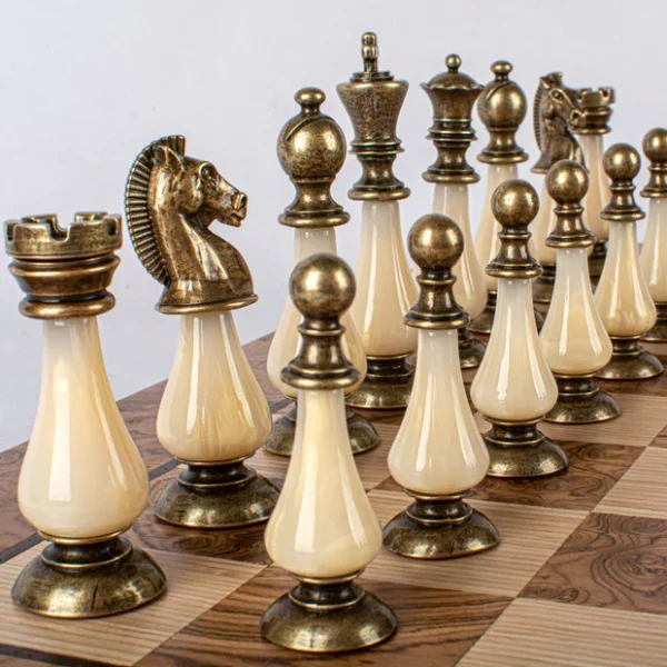 Walnut Burl Chess Set - 50x50cm with Brass and Pewter Finish Chessmen & Pearl Elements SW60A50J - Image 8